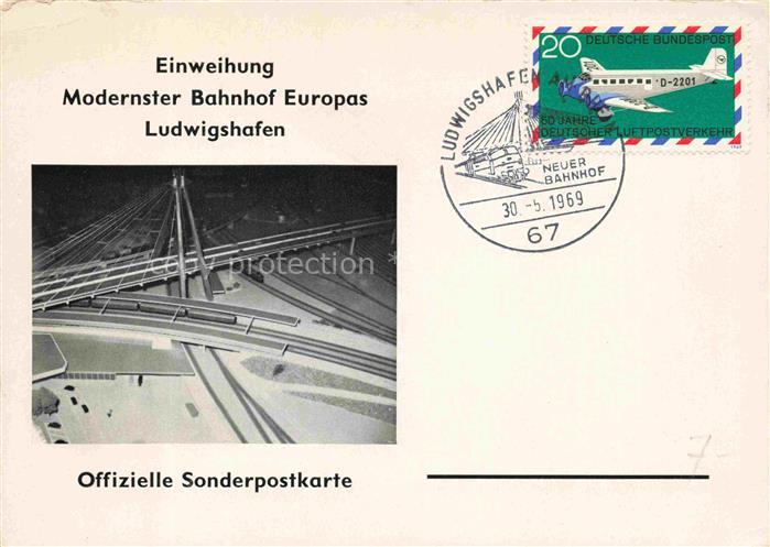 LUDWIGSHAFEN Rhein Rheinland-Pfalz Neuer-Bahnhof Sonderpostkarte Bahnhofsmodell