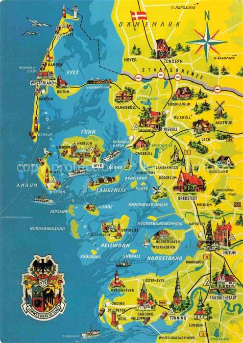 SYLT Insel Schleswig-Holstein Landkarte Nordfriesland Nordsee Sylt Foehr Amrum P