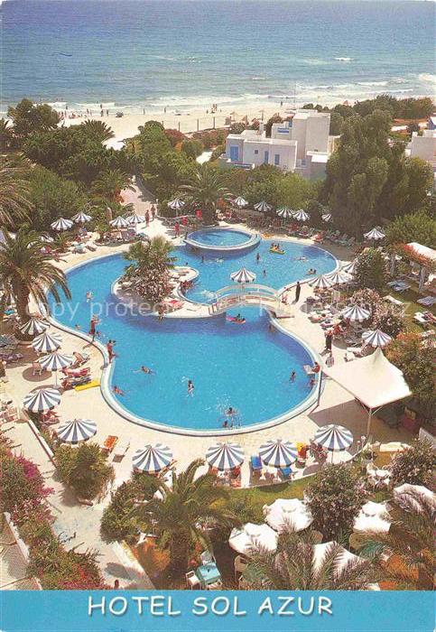 Hammamet Tunesie Hotel-Sol-Azur Swimmingpool Strand Meer Palmen Liegestuehle Son