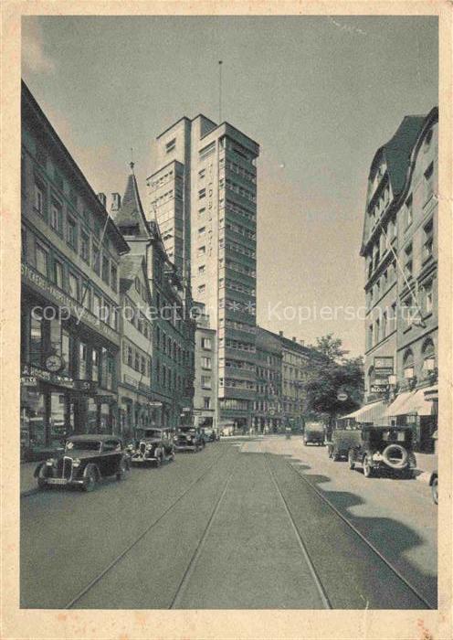 STUTTGART  CITY Eberhardstrasse Tagblatt-Turm Strassenbahn Autos Geschaefte Hoch