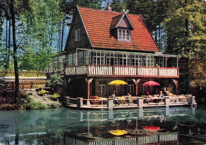 Bad Muender Waldschloesschen Osterberg Teich Gaststaette Terrasse Sonnenschirme