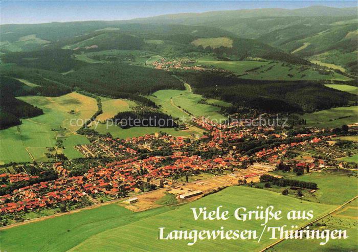 Langewiesen Gehren Thueringen Fliegeraufnahme Stadtansicht Huegel Wald Tal Felde