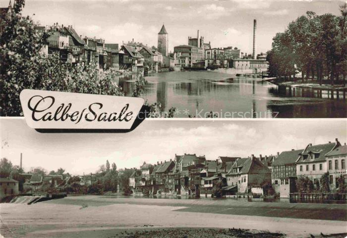 Calbe Saale Saale Fluss Stadtansicht Turm Industrieschornstein Haeuser Wehr