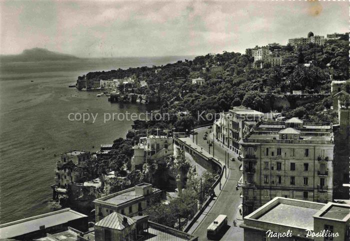 Posillipo Posillipo Kueste Meer Bucht Promenade Gebaeude Baeume S/W