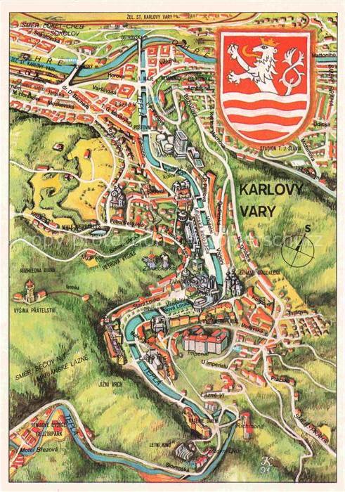 KARLOVY VARY Karlsbad CZ Stadtplan Karte Wappen Tepl Fluss Kurort Kolonnade