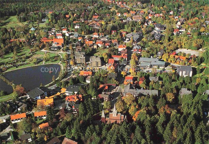 Hahnenklee-Bockswiese Harz Kurpark Stabkirche Luftbild Oberharz Teich Wald Herbs