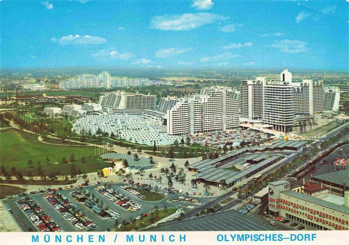 Allach MueNCHEN Bayern Olympisches-Dorf Olympiapark Hochhaeuser BMW Parkplatz Wo