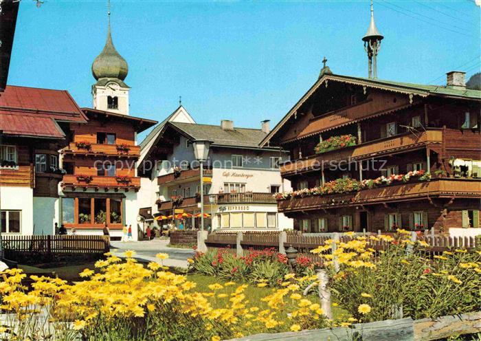 Westendorf Tirol AT Brixental Zwiebelturm Café-Hausberger Balkonhaeuser Blumenga