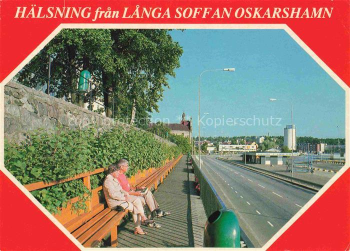 Oskarshamn Sweden Langa-Soffan Promenade Sitzbank Strasse Hafen Kirche Baeume Se
