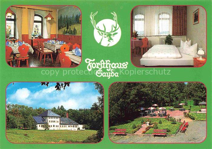 Sayda Sachsen Forsthaus Restaurant Zimmer Gaerten Hirsch-Logo Baeume Wiese
