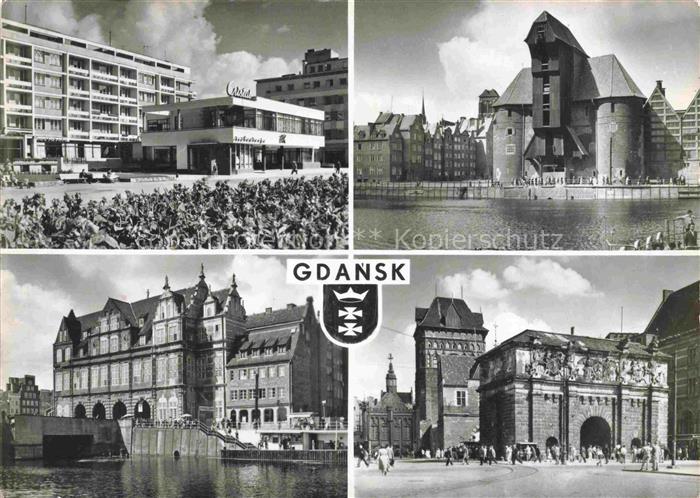 Danzig GDANSK PL Krantor Żuraw Hotel Stadthaus Goldenes-Tor Mottlau Wappen Hafen