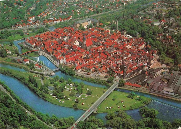 Hann. Muenden Fliegeraufnahme Altstadt Fulda Werra Weser Fluss Bruecke Kirche ro