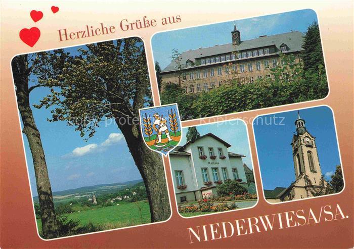 Niederwiesa Sachsen Oberschule Rathaus Ev-Kirche Ortsansicht Landschaft Wappen M