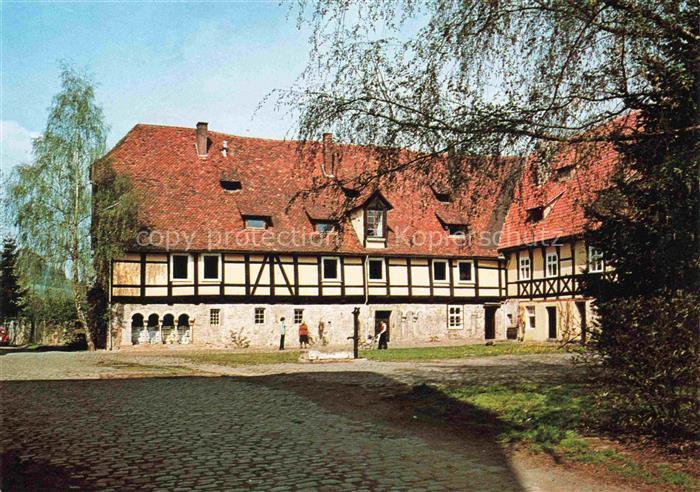 Lippoldsberg Wahlsburg Hessen Klosterhaus Fachwerkhaus Kopfsteinpflaster Birke K