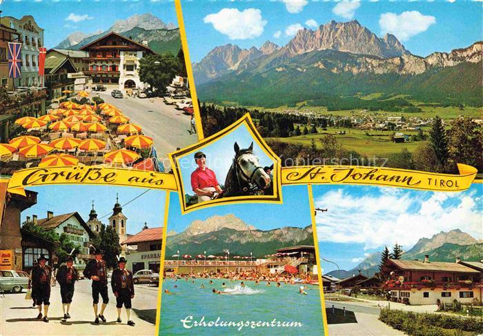 St Johann Tirol AT Wilder-Kaiser Hauptplatz Tiroler-Tracht Alpenbad Pferd Bauern