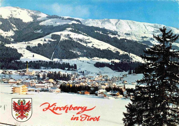Kirchberg Tirol AT Hahnenkamm Jufen Wintersportplatz Schnee Kirchturm Bergwiesen