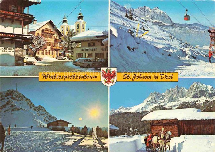 St Johann Tirol AT Kirchturm Schnee Winterlandschaft Seilbahn Gasthof-Mauth Spar