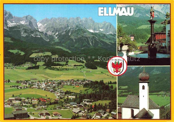 Ellmau Elmau Tirol AT Wilder-Kaiser Panorama Kirchturm Brunnen Talblick Bergkett