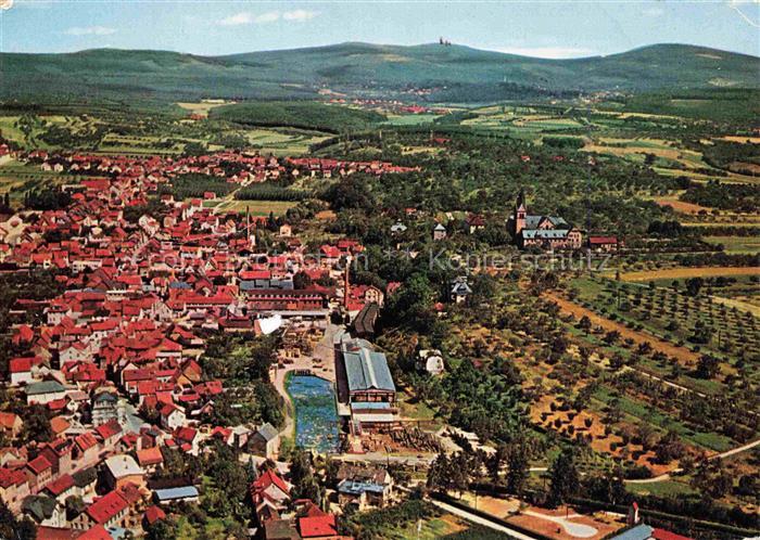 Kelkheim Hessen Luftbild Stadtansicht Taunus Kirche Fluss Obstbaeume Huegel Feld