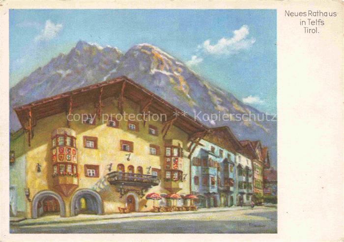 Telfs Arlbergbahn Innsbruck Tirol AT Neues-Rathaus Marktplatz Bergpanorama Wappe