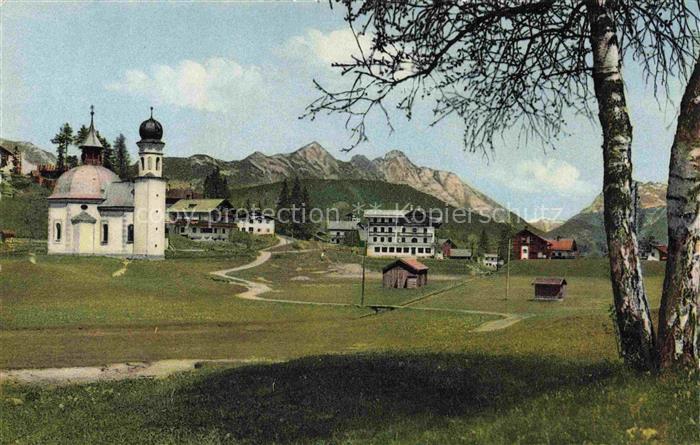 SEEFELD Tirol AT Zwiebelturm Kirche Bergdorf Wiese Birke Berge Handkoloriert