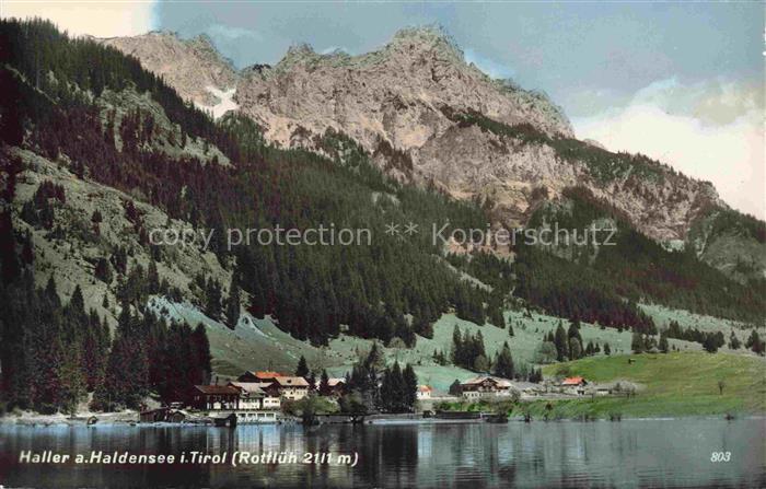 Haller Haldensee Tirol AT Haldensee Rotflueh See Berge Wald Haeuser Spiegelung