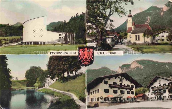 Erl Tirol AT Passionsspielhaus Kirche Fluss Gasthof Berge Wappen Passionsspieldo