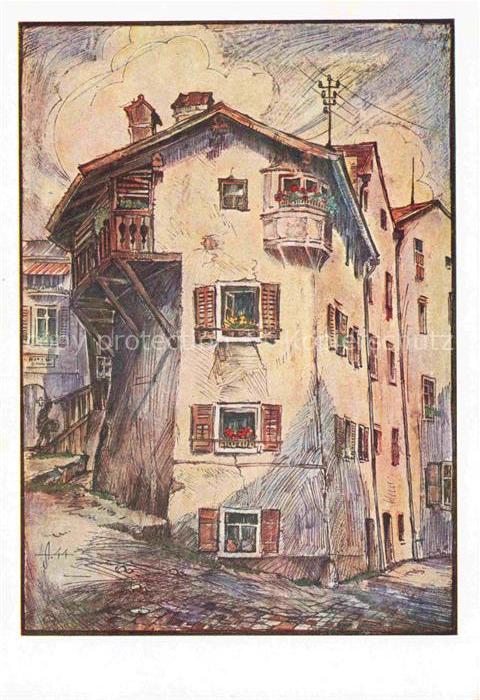 Hall Tirol AT Nagglburg Aquarell Altstadt Holzbalkon Erker Fassade Gasse