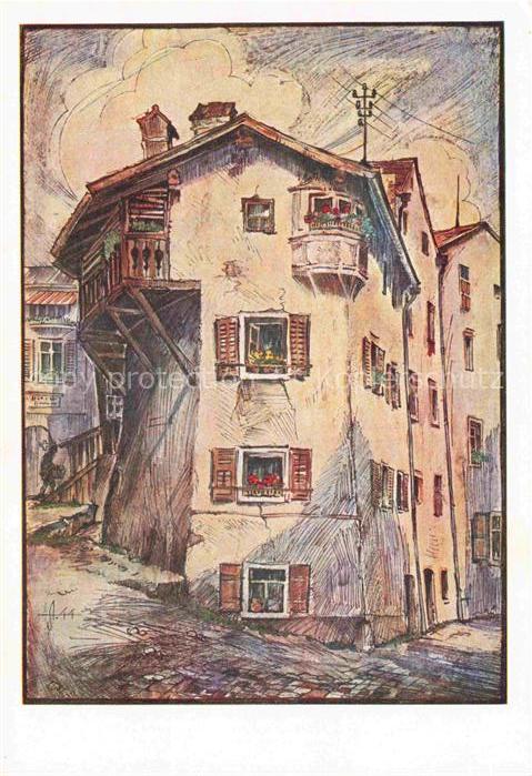 Hall Tirol AT Nagglburg Aquarell Altstadt Holzbalkon Erker Fassade Gasse