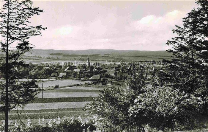 Nieheim Westfalen Kirchturm Dorf Felder Wald Huegel Gesamtansicht-vom-Hang