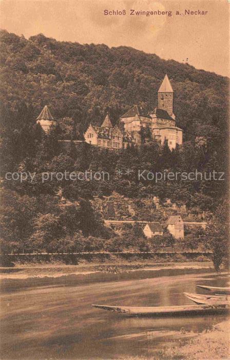 Zwingenberg Neckar BW Schloss-Zwingenberg Neckar Burg Wald Turm Boot Fluss