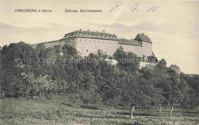Creuzburg Wartburgkreis Thueringen Schloss Sued-Westseite Werra Burg Huegel Baeu