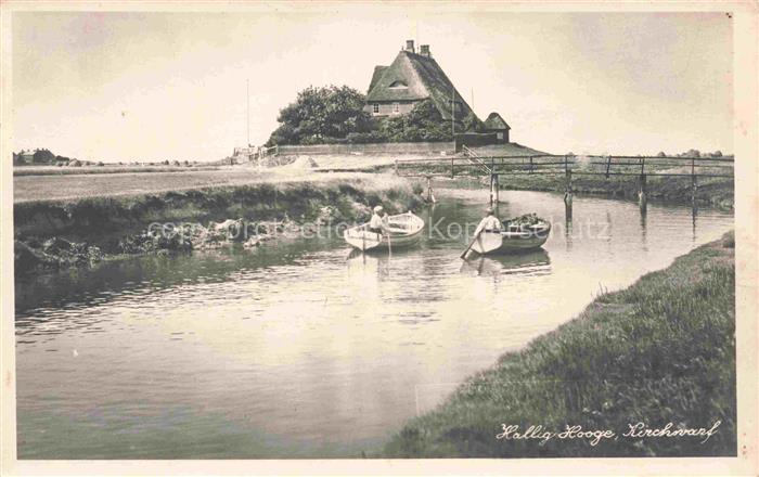 Hallig Hooge Nordfriesland Schleswig-Holstein Kirchwarft Warft Priel Boote Ruder