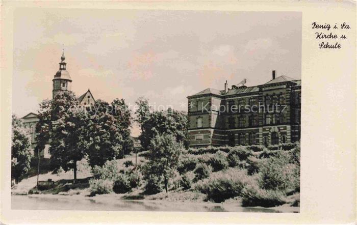 Penig Kirche Schule Kirchturm Fluss Baeume Schulgebaeude