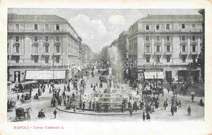 NAPOLI Neapel Naples IT Corso-Umberto-I Brunnen Tram Pferdekutsche Strassenszene