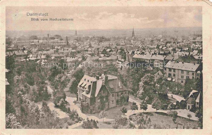 DARMSTADT Hessen Hochzeitsturm Stadtpanorama Daecher Kirchturm Baeume Gruenderze