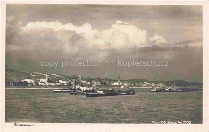 RueDESHEIM am Rhein Hessen Rhein Dampfschiffe Schlepper Stadtansicht Weinberge K