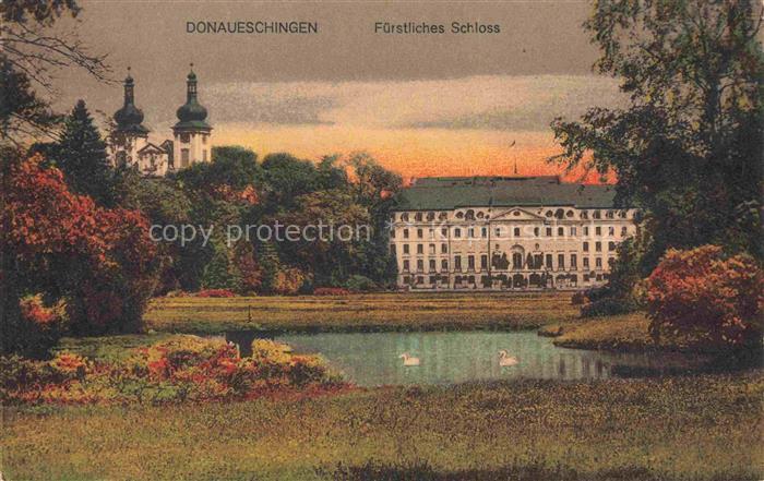 Donaueschingen BW Fuerstliches-Schloss Schloss Teich Schwaene Kirche Park Baeume