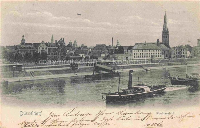 DuessELDORF CITY Rheinansicht Rhein Dampfschiff Schleppkahn Kirchturm Altstadt