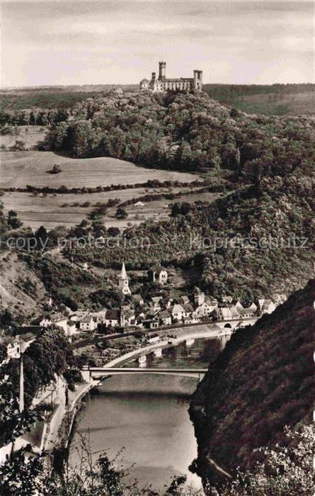 Balduinstein Schloss-Schaumburg Balduinstein Lahn Bruecke Dorf Kirche Flusstal