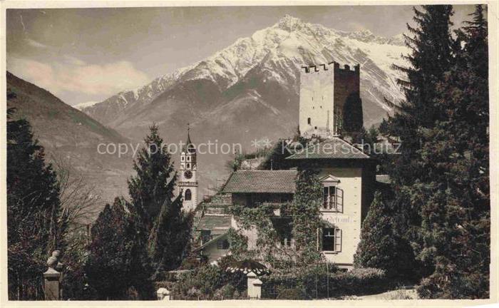 MERANO Meran IT Kirchturm Burgturm Villa Baeume Berge Schnee Alpen