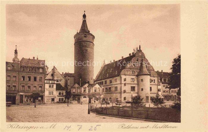 Kitzingen Main Rathaus Marktturm Marktplatz Turm Fachwerk Geschaefte Pflaster