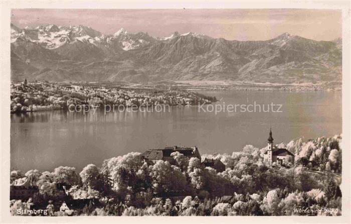 Starnberg Starnbergersee Bayern Starnberger-See Alpen Kirche Dorf Baeume Berge S