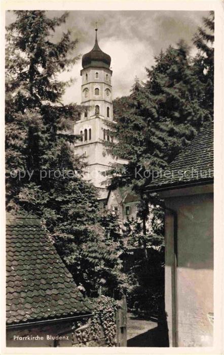 Bludenz Vorarlberg AT Pfarrkirche Kirchturm Zwiebelturm Nadelwald Daecher