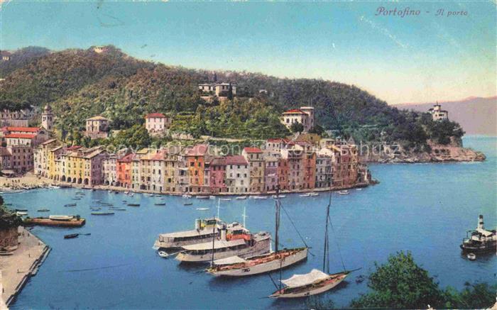 PORTOFINO Liguria IT Hafen Porto Boote Dampfschiff Farbige-Haeuser Huegel Meer F