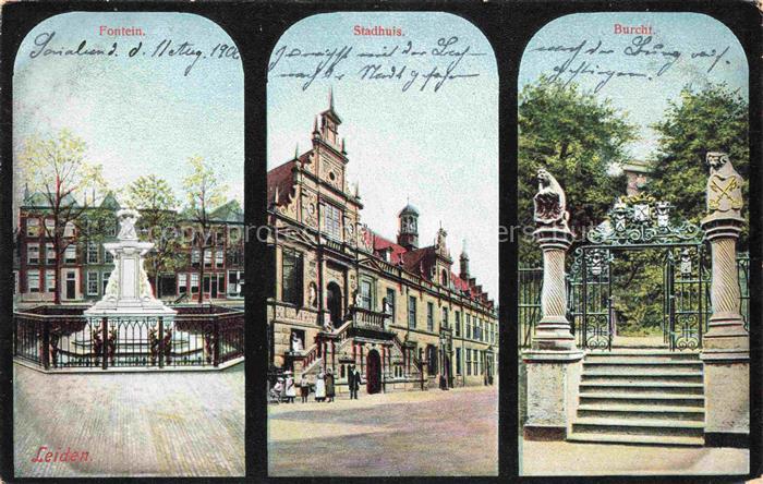 Leiden Zuid-Holland NL Fontein Stadhuis Burcht Brunnen Rathaus Burg koloriert