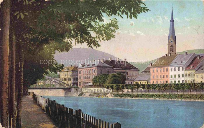 VILLACH Kaernten AT Draupartie Drau Fluss Bruecke Kirchturm Stadtansicht Ufermau