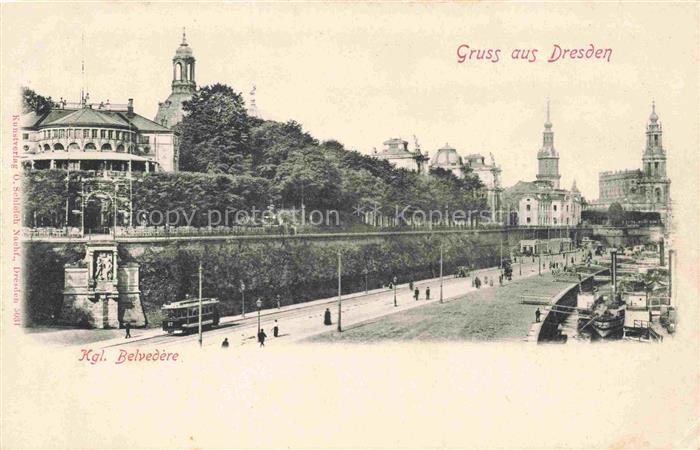 DRESDEN Elbe Kgl-Belvedere Elbe Strassenbahn Dampfschiff Kirche Schloss Promenad