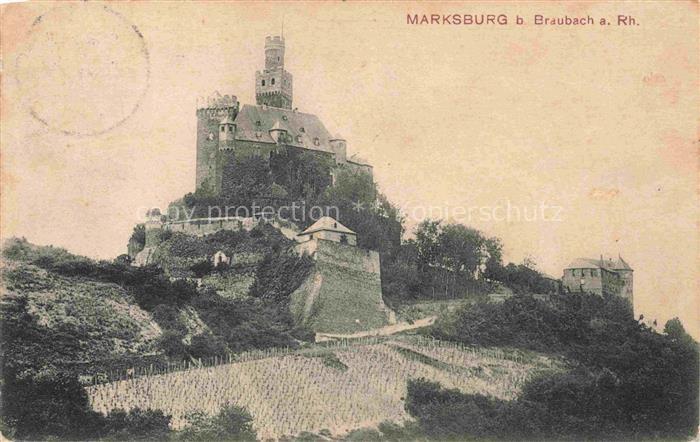 Braubach Rhein Rheinland-Pfalz Marksburg Burg Rhein Weinberg Huegel Felsen