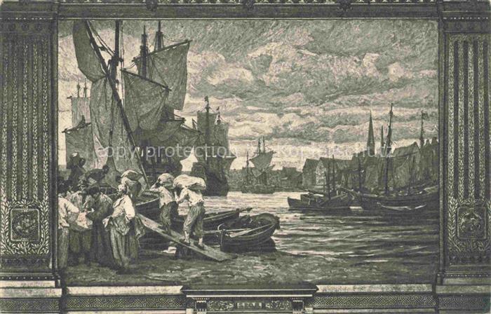 HAMBURG  CITY Wandgemaelde Hamburger-Rathaus Hugo-Vogel Hafen Segelschiffe Histo